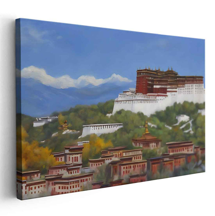 Mystic Echoes Amongst Alpine Marvels: Majestic Tibetan Palace Amidst Mountain Vistas Canvas Art