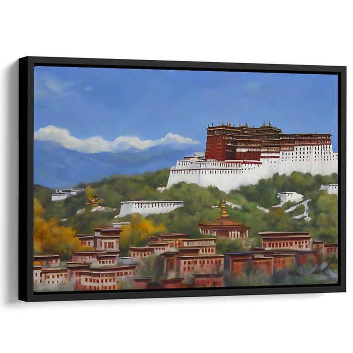 Mystic Echoes Amongst Alpine Marvels: Majestic Tibetan Palace Amidst Mountain Vistas Canvas Art