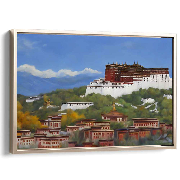 Mystic Echoes Amongst Alpine Marvels: Majestic Tibetan Palace Amidst Mountain Vistas Canvas Art