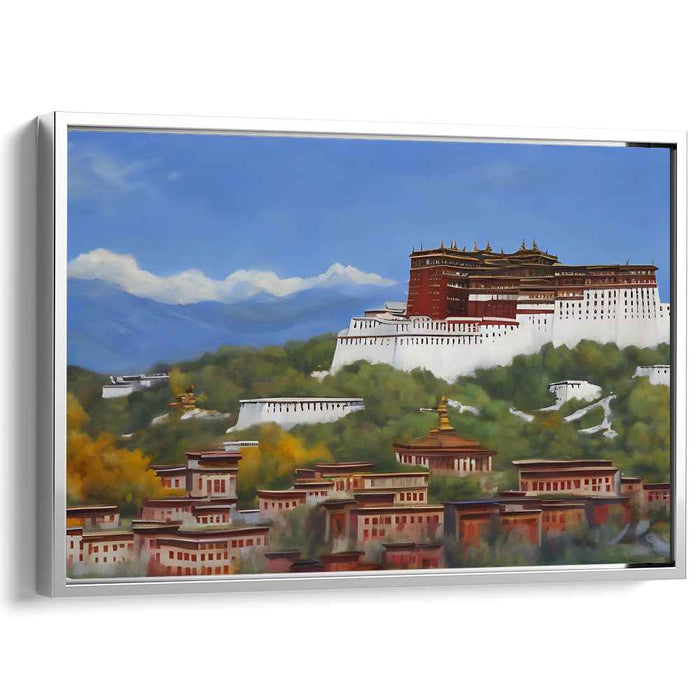 Mystic Echoes Amongst Alpine Marvels: Majestic Tibetan Palace Amidst Mountain Vistas Canvas Art