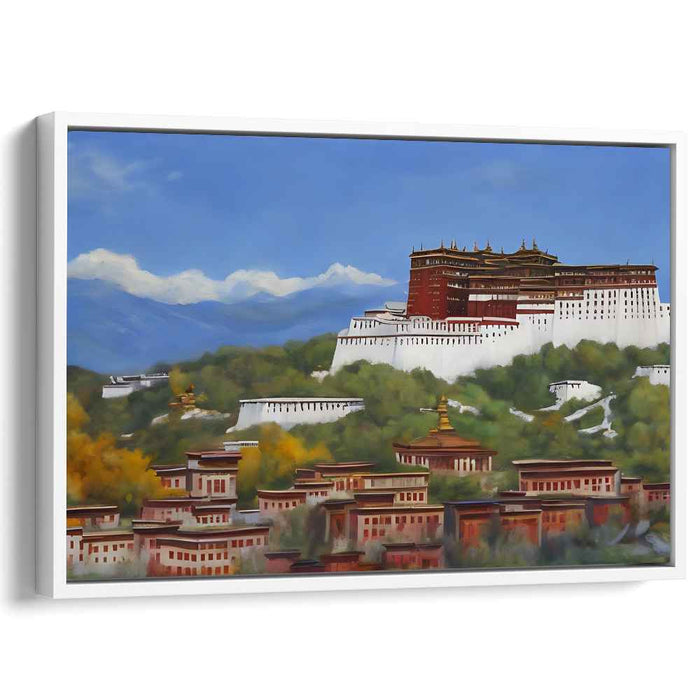 Mystic Echoes Amongst Alpine Marvels: Majestic Tibetan Palace Amidst Mountain Vistas Canvas Art