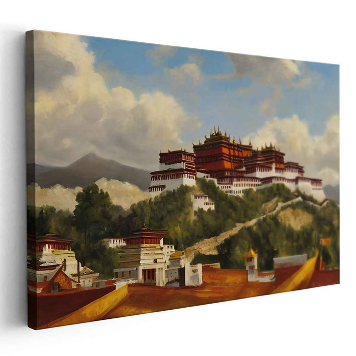 Spiritual Sanctuary: Majestic Tibetan Monastery in Lush Landscape Canvas Art
