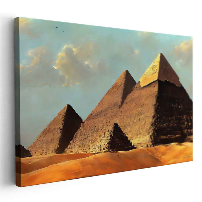 Desert Monuments at Dusk: Realistic Pyramid Landscape Canvas Art