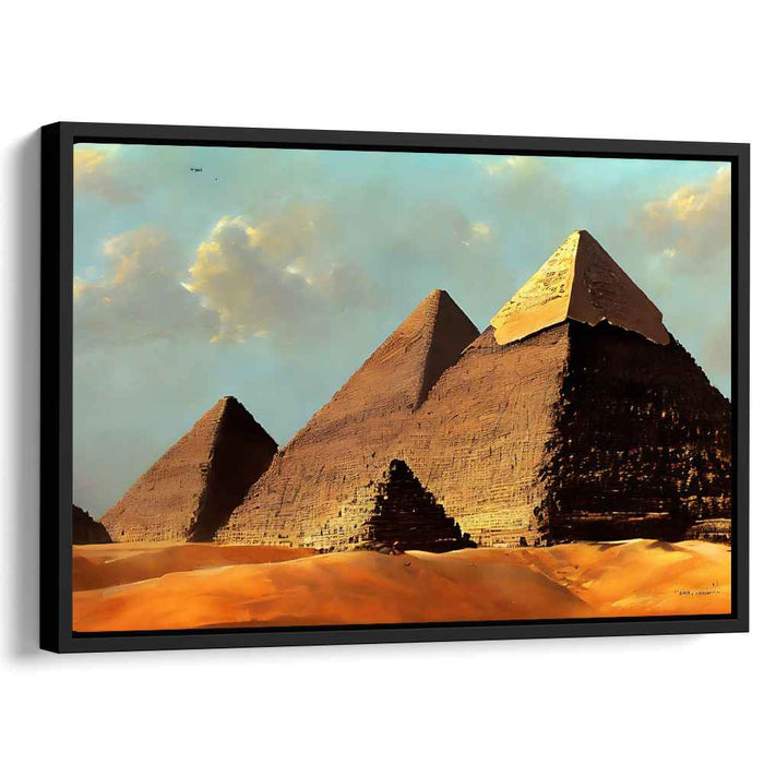 Desert Monuments at Dusk: Realistic Pyramid Landscape Canvas Art