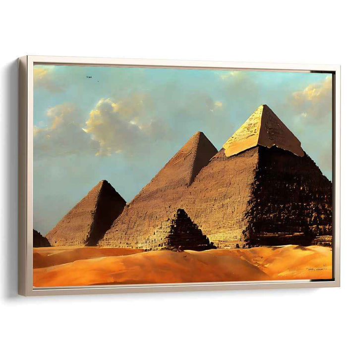 Desert Monuments at Dusk: Realistic Pyramid Landscape Canvas Art