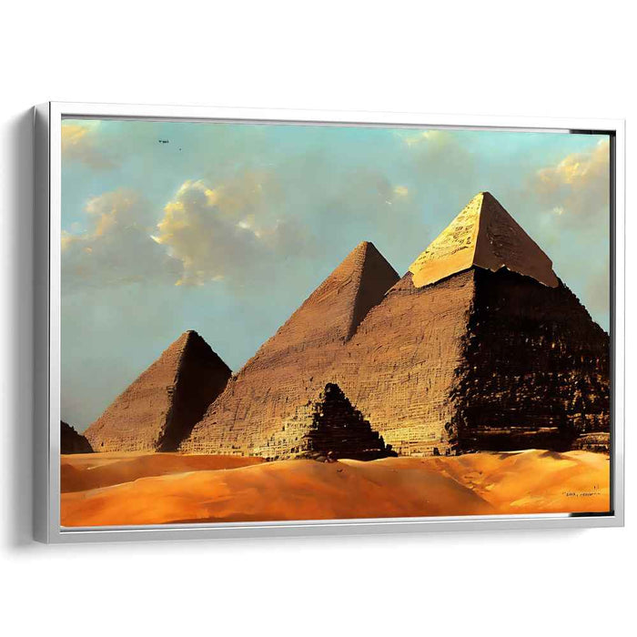 Desert Monuments at Dusk: Realistic Pyramid Landscape Canvas Art