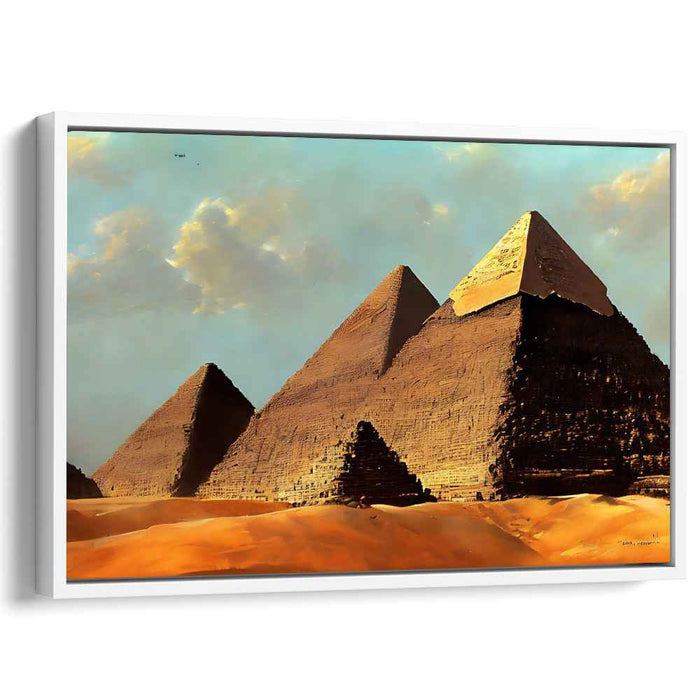 Desert Monuments at Dusk: Realistic Pyramid Landscape Canvas Art