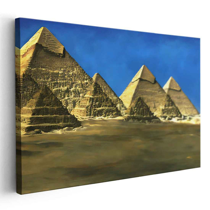 Dreamscape Dunes Glow: Surrealistic Pyramids in Golden Twilight Canvas Art