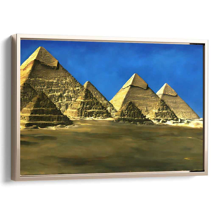 Dreamscape Dunes Glow: Surrealistic Pyramids in Golden Twilight Canvas Art