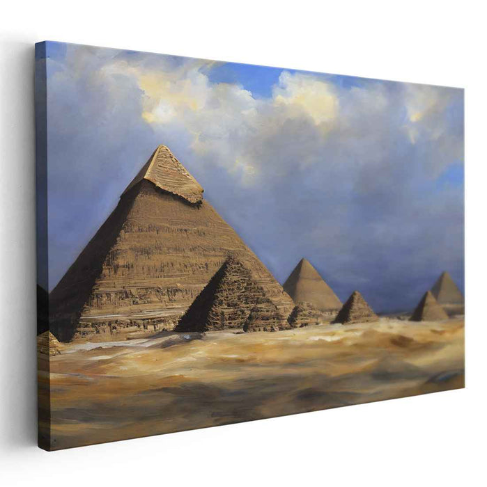 Ancient Giants Under Heaven: Realistic Depiction of Egyptian Pyramids Under Expansive Sky Canvas Art Print