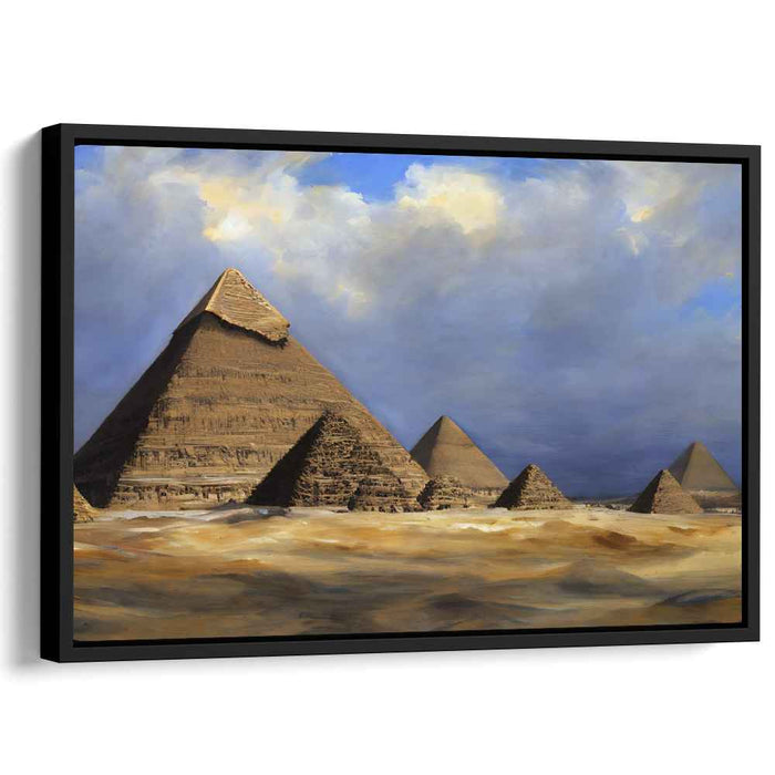 Ancient Giants Under Heaven: Realistic Depiction of Egyptian Pyramids Under Expansive Sky Canvas Art Print