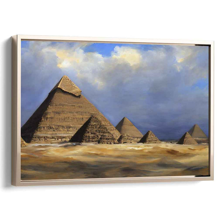 Ancient Giants Under Heaven: Realistic Depiction of Egyptian Pyramids Under Expansive Sky Canvas Art Print