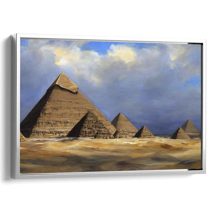 Ancient Giants Under Heaven: Realistic Depiction of Egyptian Pyramids Under Expansive Sky Canvas Art Print