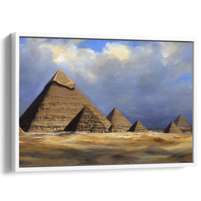 Ancient Giants Under Heaven: Realistic Depiction of Egyptian Pyramids Under Expansive Sky Canvas Art Print