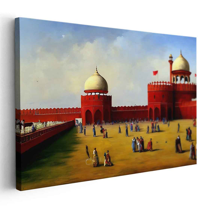 Crimson Citadel Illusion: Realistic Red Fort Canvas Art Print