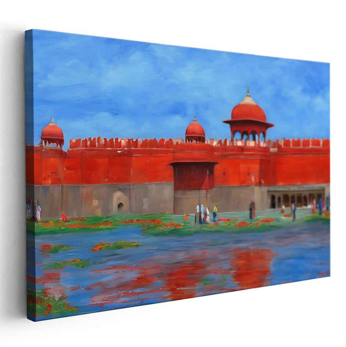 Crimson Citadel: Vibrant Red Fort Under Azure Skies Canvas Art