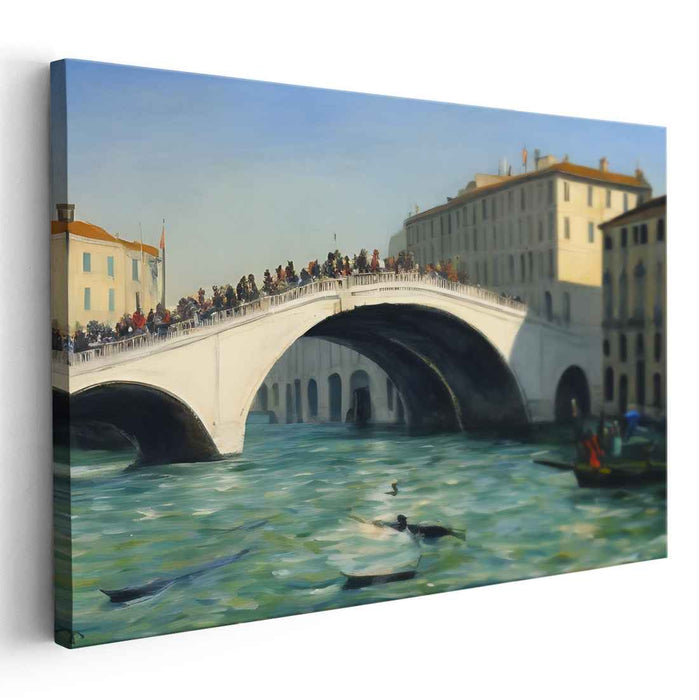 Canal Commotion: Serene Canal and Bustling Bridge Canvas Art Print