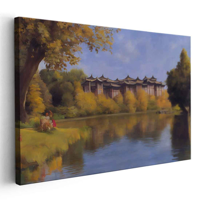 Falling Leaves Sanctuary: Traditional Asian Architecture in Autumn Landscape Canvas Art Print