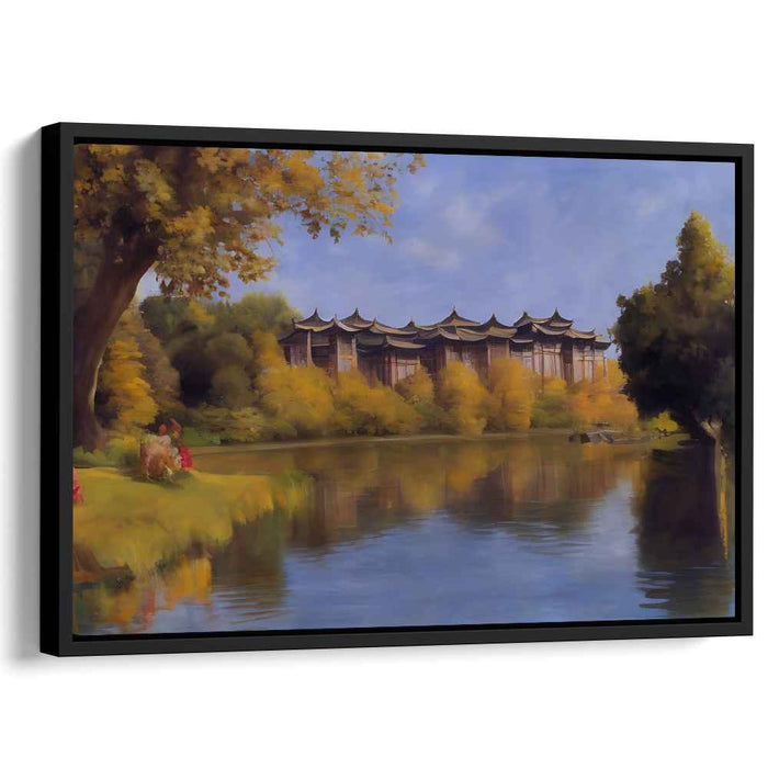 Falling Leaves Sanctuary: Traditional Asian Architecture in Autumn Landscape Canvas Art Print
