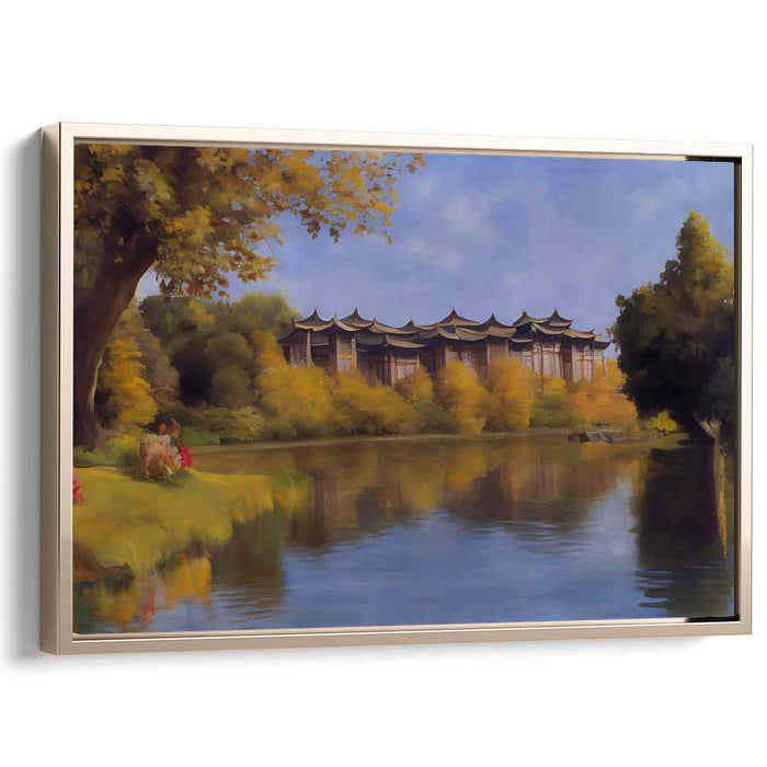 Falling Leaves Sanctuary: Traditional Asian Architecture in Autumn Landscape Canvas Art Print