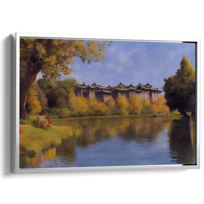 Falling Leaves Sanctuary: Traditional Asian Architecture in Autumn Landscape Canvas Art Print