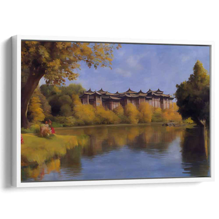 Falling Leaves Sanctuary: Traditional Asian Architecture in Autumn Landscape Canvas Art Print