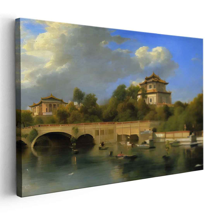 Silent Pavilion Reflected: Traditional Chinese Pavilion and River Landscape Canvas Art