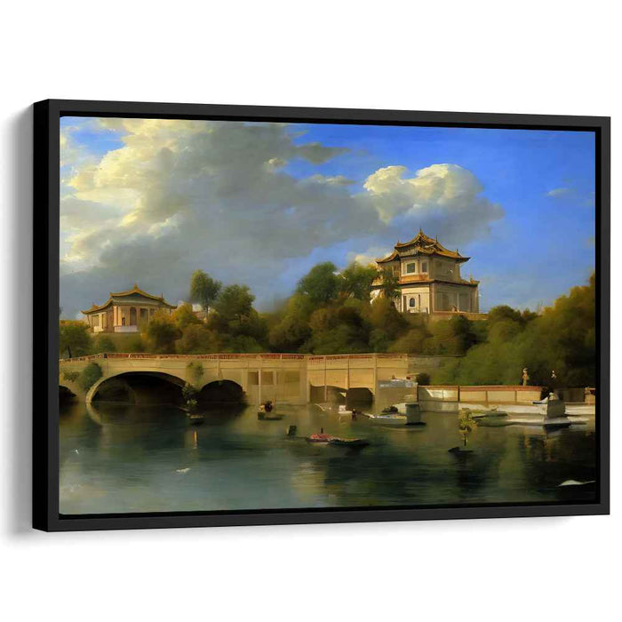 Silent Pavilion Reflected: Traditional Chinese Pavilion and River Landscape Canvas Art