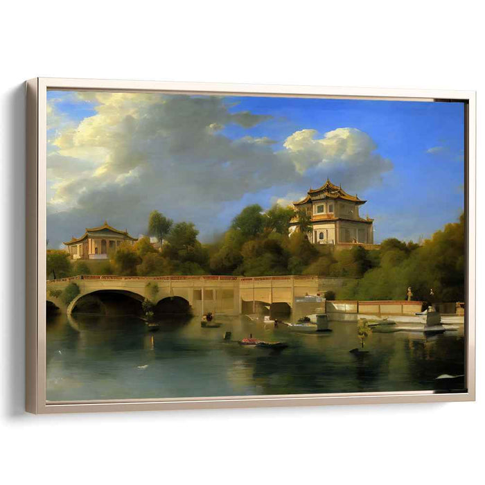 Silent Pavilion Reflected: Traditional Chinese Pavilion and River Landscape Canvas Art