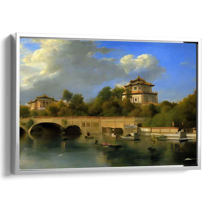 Silent Pavilion Reflected: Traditional Chinese Pavilion and River Landscape Canvas Art