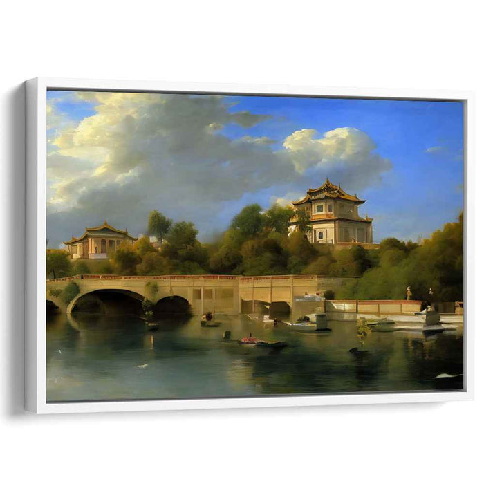 Silent Pavilion Reflected: Traditional Chinese Pavilion and River Landscape Canvas Art