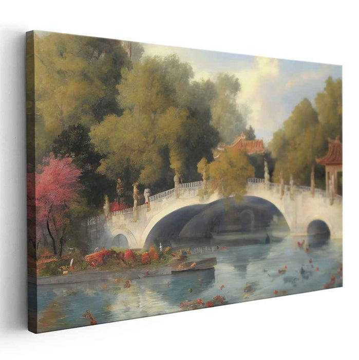 Tranquil Waters and Blossoming Bridge: Traditional East Asian Landscape Canvas Art