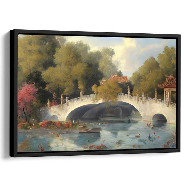 Tranquil Waters and Blossoming Bridge: Traditional East Asian Landscape Canvas Art