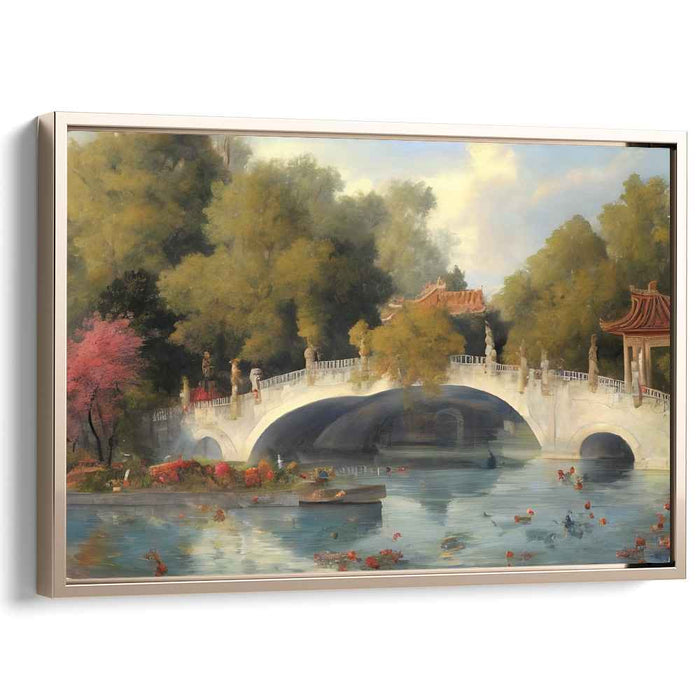 Tranquil Waters and Blossoming Bridge: Traditional East Asian Landscape Canvas Art