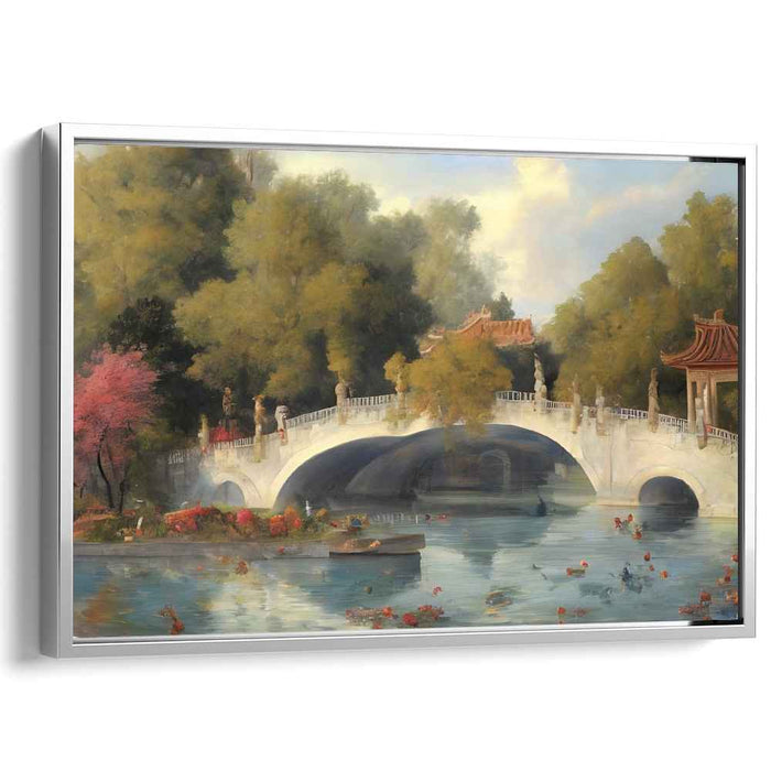 Tranquil Waters and Blossoming Bridge: Traditional East Asian Landscape Canvas Art