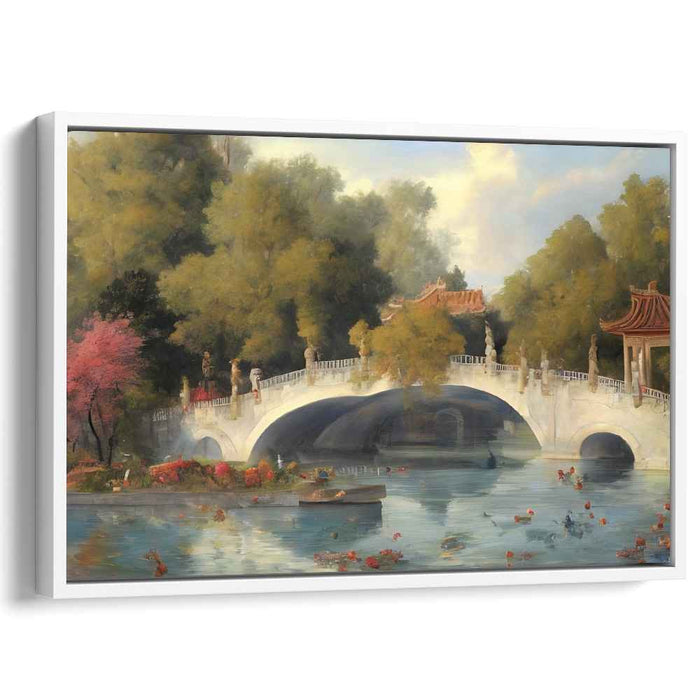 Tranquil Waters and Blossoming Bridge: Traditional East Asian Landscape Canvas Art