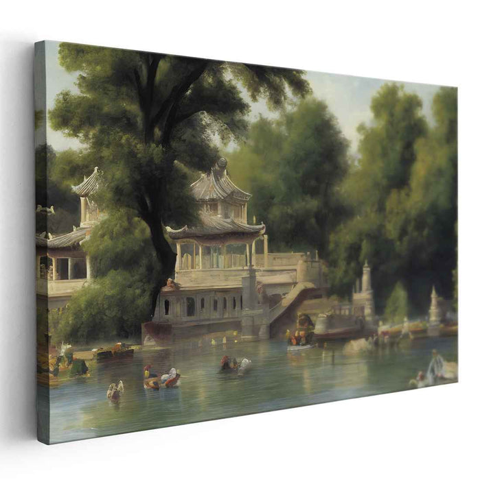Lotus Pavilion Reverie: Traditional Chinese Lakeside Pavilion Canvas Art