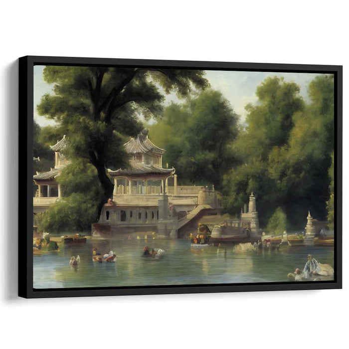 Lotus Pavilion Reverie: Traditional Chinese Lakeside Pavilion Canvas Art