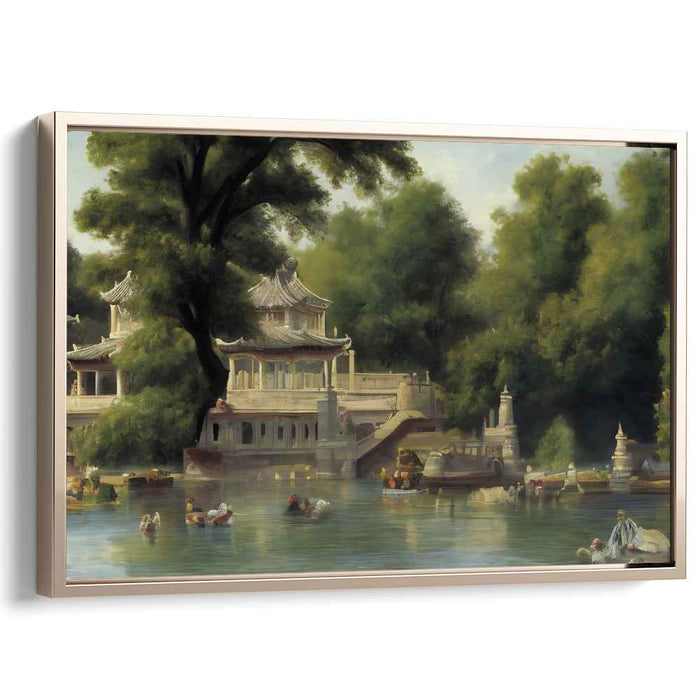 Lotus Pavilion Reverie: Traditional Chinese Lakeside Pavilion Canvas Art