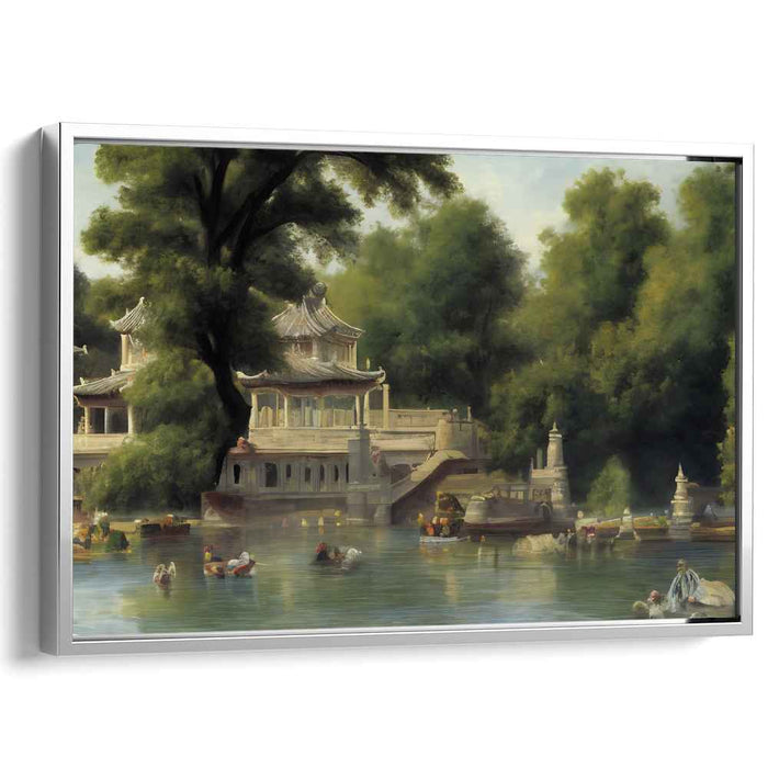 Lotus Pavilion Reverie: Traditional Chinese Lakeside Pavilion Canvas Art