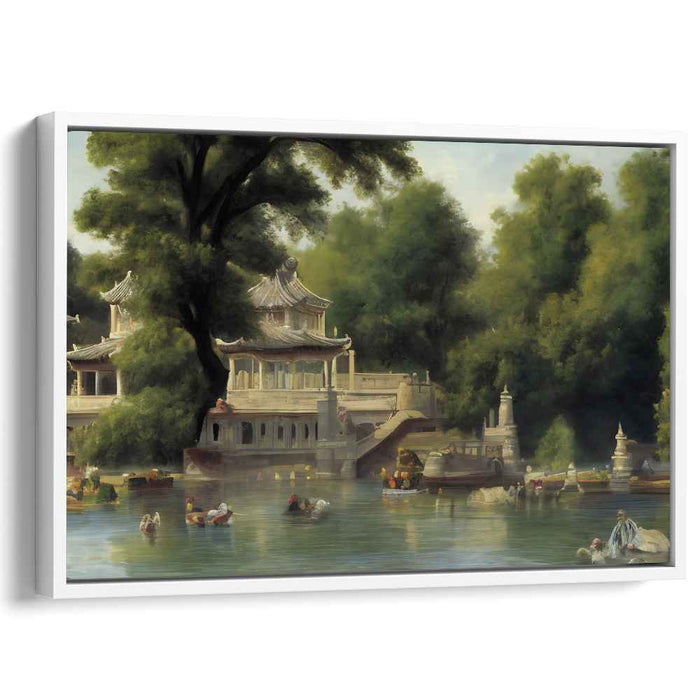 Lotus Pavilion Reverie: Traditional Chinese Lakeside Pavilion Canvas Art