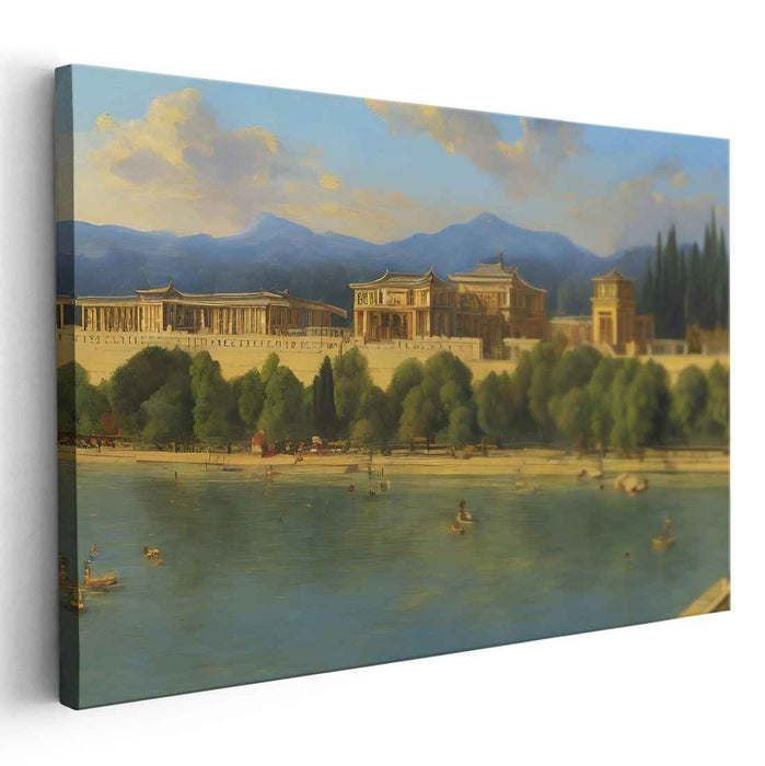 Symphony Along the Riverbank: Classical Riverside Cityscape Canvas Art Print