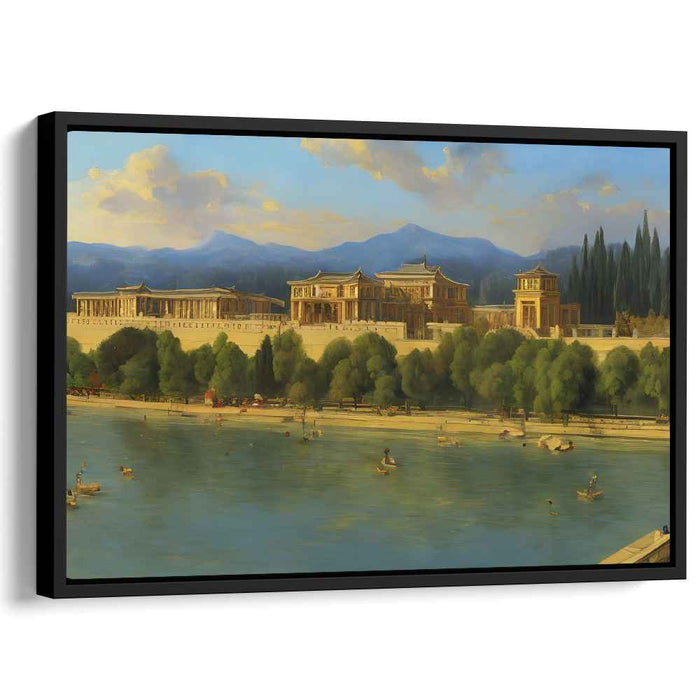Symphony Along the Riverbank: Classical Riverside Cityscape Canvas Art Print