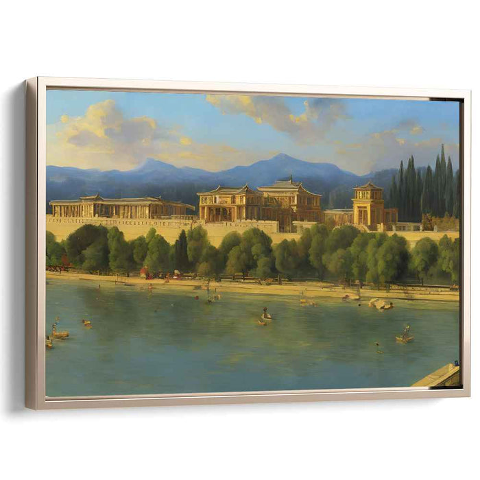 Symphony Along the Riverbank: Classical Riverside Cityscape Canvas Art Print