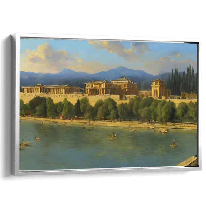 Symphony Along the Riverbank: Classical Riverside Cityscape Canvas Art Print