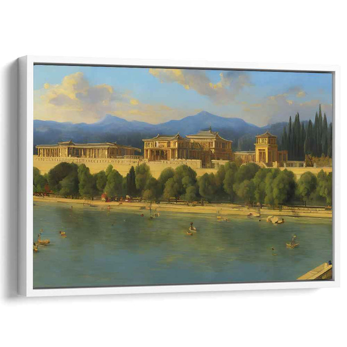Symphony Along the Riverbank: Classical Riverside Cityscape Canvas Art Print