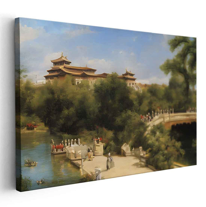 Whispers Of Lotus Blooms: Traditional Eastern Palace Landscape Canvas Art