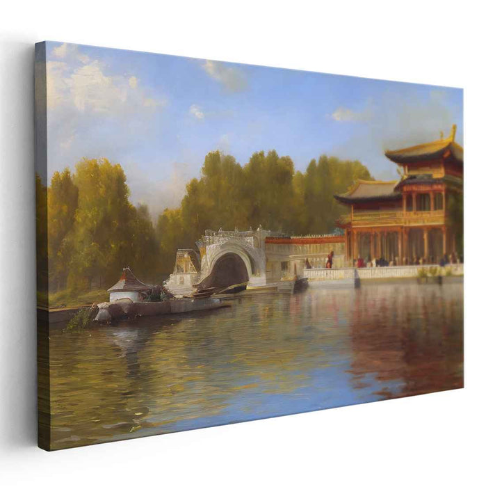 Lotus Tranquility: Traditional East Asian Palace by the Lake Canvas Art Print