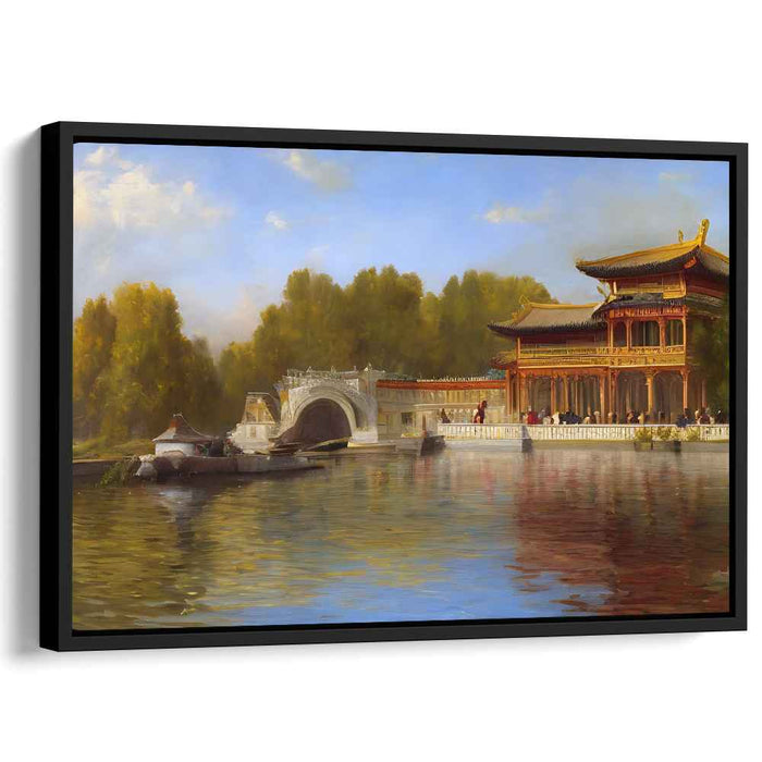 Lotus Tranquility: Traditional East Asian Palace by the Lake Canvas Art Print