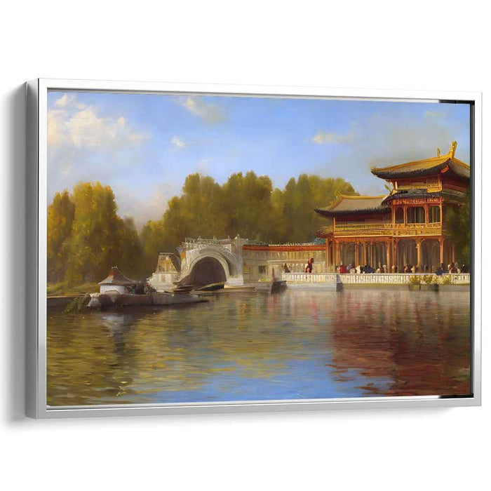 Lotus Tranquility: Traditional East Asian Palace by the Lake Canvas Art Print